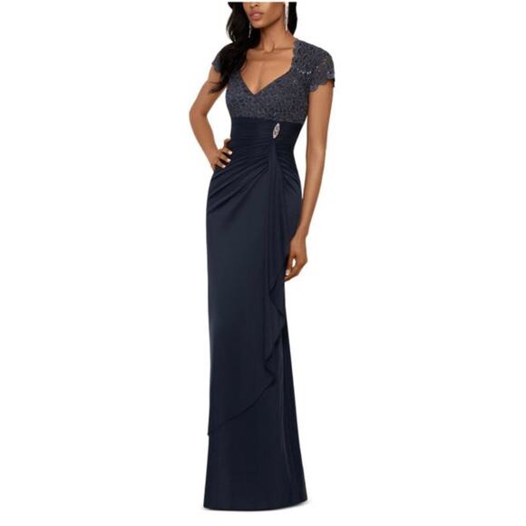 B&A by Betsy & Adam Sequined Ruffled Gown Women's Petite 2P Gray Scallop Sleeve - Picture 1 of 12